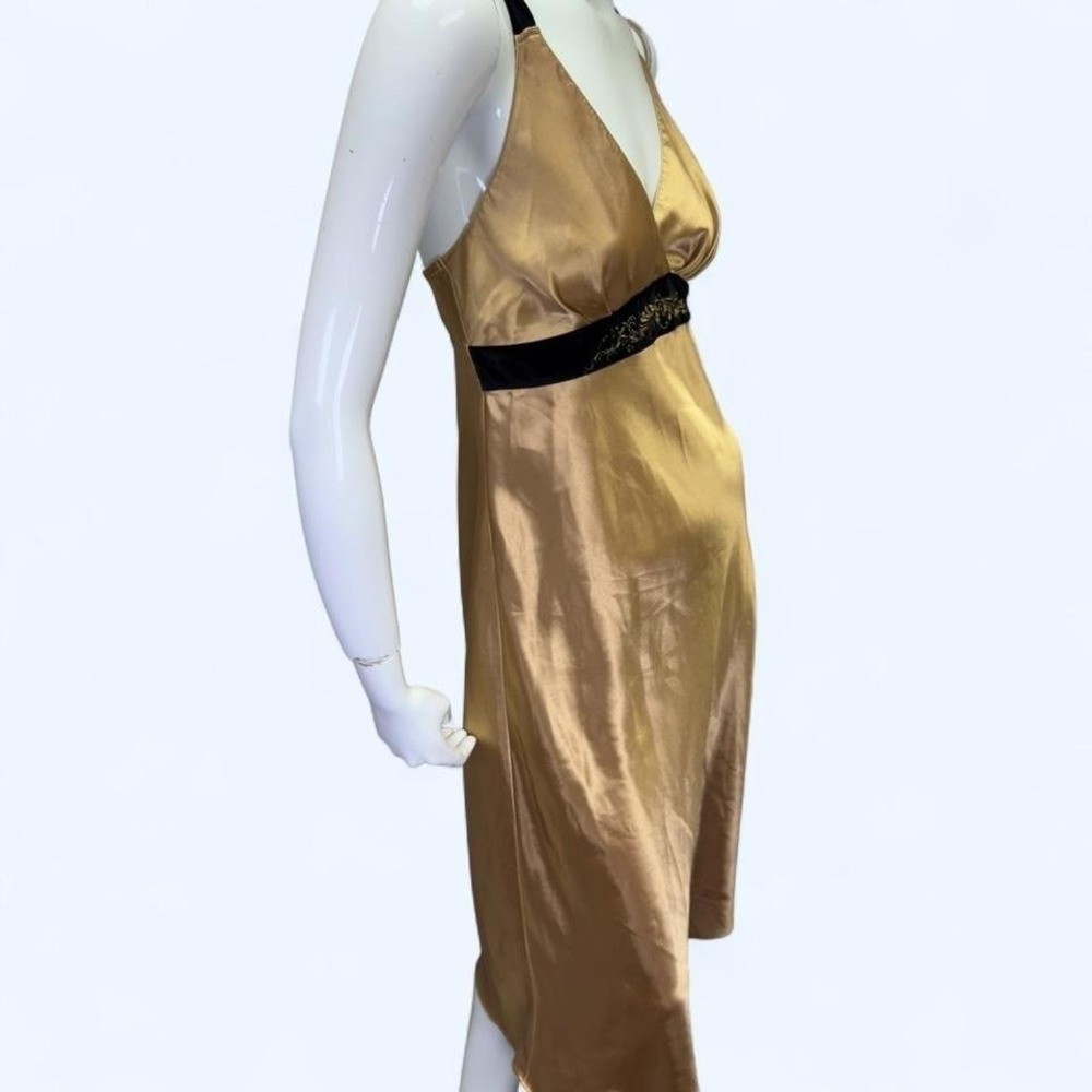 gold satin slip dress with black velvet empire waist‎ and ornate gold embroidery - Picture 3 of 7
